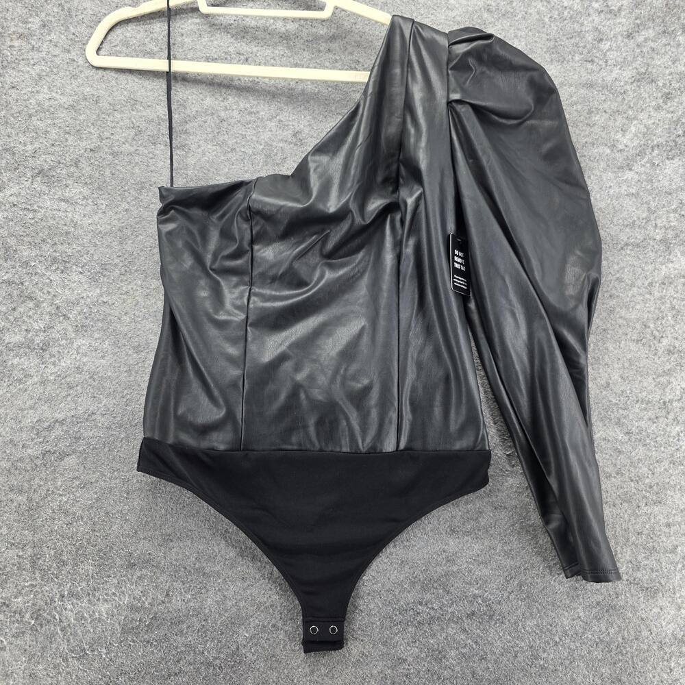 Express Bodysuit Womens Large Black Faux Leather One Shoulder Long Sleeve Thong